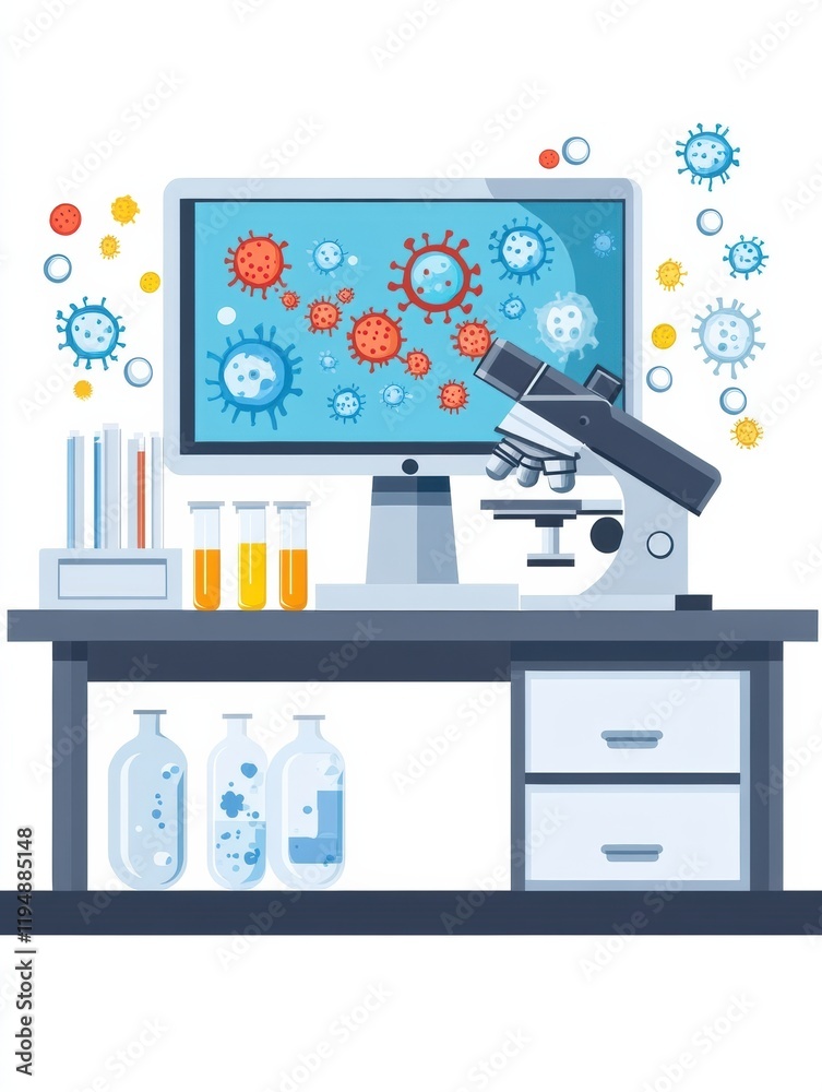 Aufkleber Laboratory setup with microscopes, test tubes, and bacteria visuals on a monitor in a scientific research environment. Generative AI