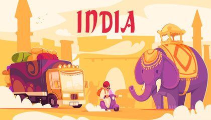 Vibrant Illustration of India with Elephant and Truck