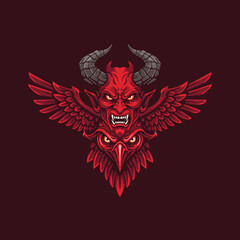 Obraz premium A fierce red devil head with large raven wings forming a striking and symbolic design.