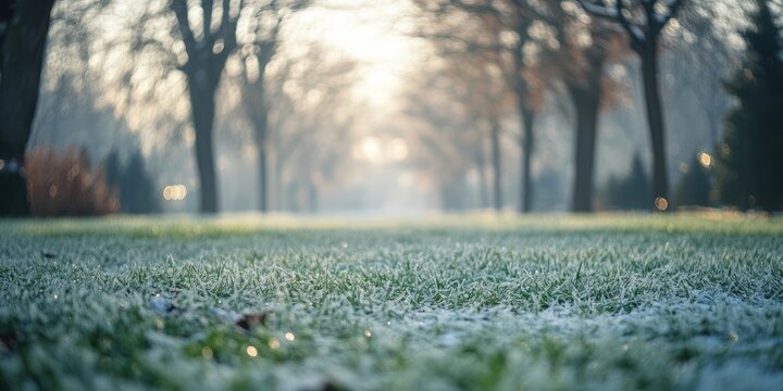 Frosty winter meadow with green grass in a serene park pathway surrounded by trees in soft morning light creating a tranquil atmosphere - Powered by Adobe
