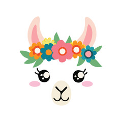 Llama Face Floral Crown Clipart Design Vector