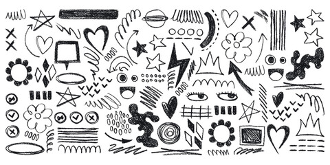 Obraz premium Grunge Charcoal and Pencil Girly Sketches. Hand drawn design doodle shapes. Creative playful banner with graffiti abstract elements