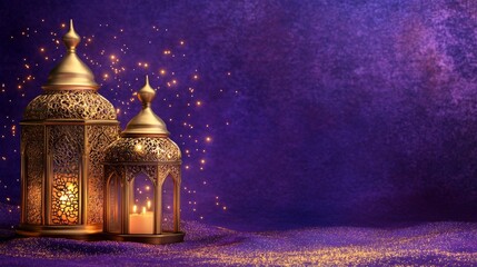 Fototapeta premium Golden Lanterns Illuminate Purple Festive Background