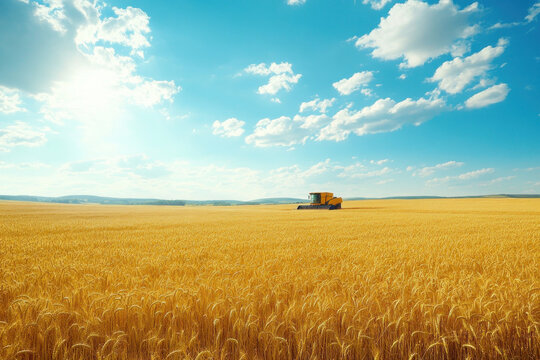 A combine harvesting ripe wheat in a vast field under a clear blue sky.