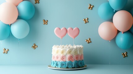 Beautifully decorated gender reveal cake featuring pink and blue layers. Happy birthday banner.