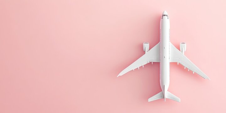 White airplane model positioned centrally on a soft pink backdrop creating a travel theme with ample negative space for text and advertising.