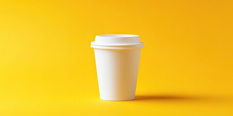 White paper coffee cup on vibrant yellow background, centered with ample copy space on both sides for mockup use and effective design layout.