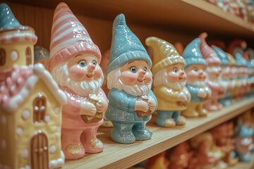 Christmas ceramic toys gnomes stand on a store shelf
