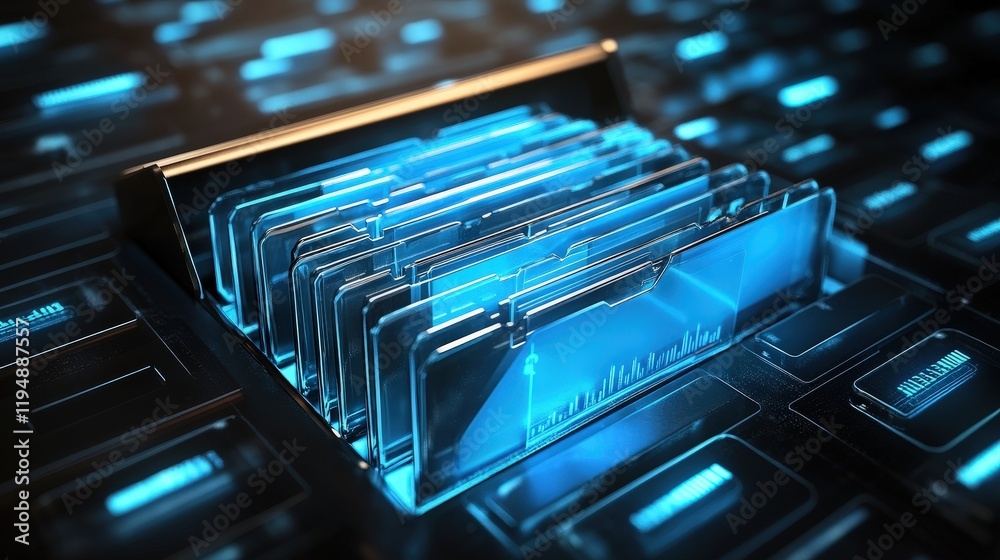 Poster digital storage concept depicting transparent folders over a binary code background, representing gl