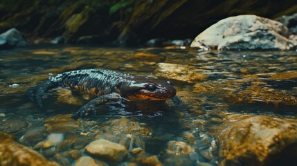Obraz premium A stunning image of a Japanese giant salamander crawling through a clear, rocky stream