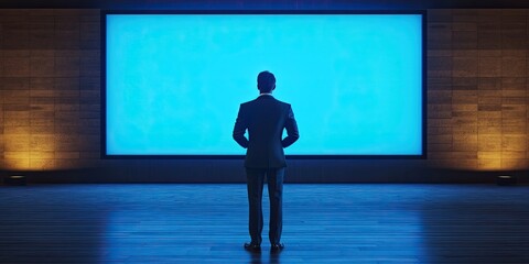 Obraz premium Television presenter in a suit standing before a large blank blue screen, positioned centrally with warm lights on either side in a modern studio setting.