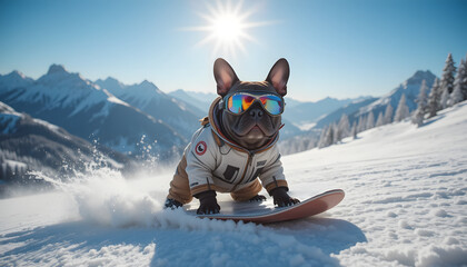 French bulldog sporting ski goggles and winter attire, snowboarding downhill on a snowy mountain slope under a bright sun, enjoying a fun and adventurous winter day