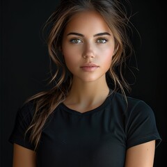 Naklejka premium Beautiful woman wearing black mens t-shirt, black background.