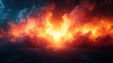 Naklejka premium Breathtaking Celestial Scene with Fiery Orange and Golden Clouds Over Calm Ocean Waters Under a Starry Night Sky Captivating Cosmic Landscape for Creative Projects