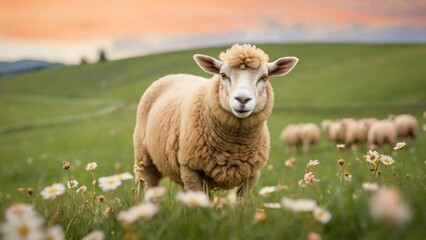 Fototapeta premium peachcolored sheep graze on a green field with daisies