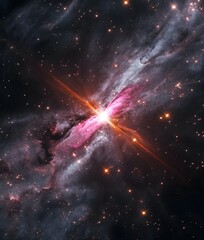 A celestial gradient blending deep space black, shimmering stardust silver, and radiant galaxy magenta in a cosmic burst.