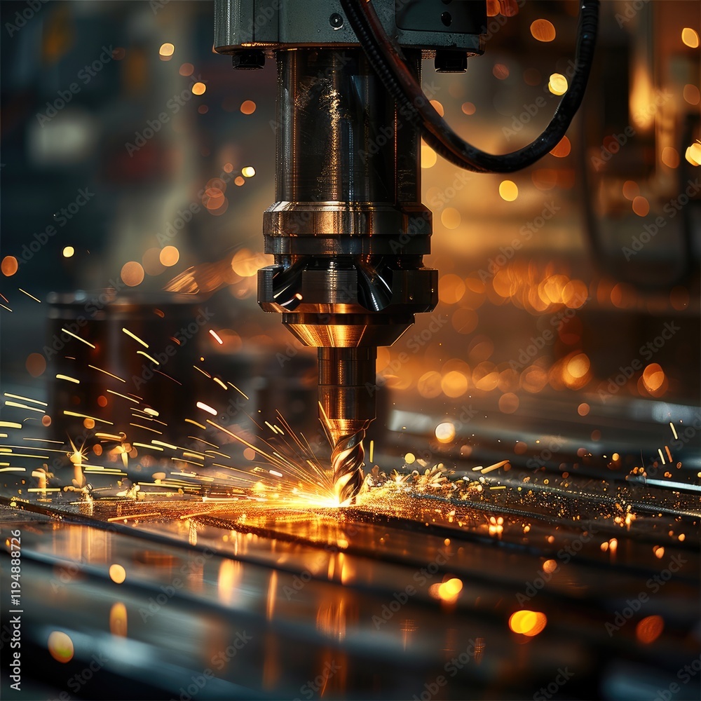 Fototapete A high-performance drilling machine with angled drill bit piercing through a hard material. Bright sparks fly dramatically from the contact point, lighting up the industrial scene with a fiery glow.