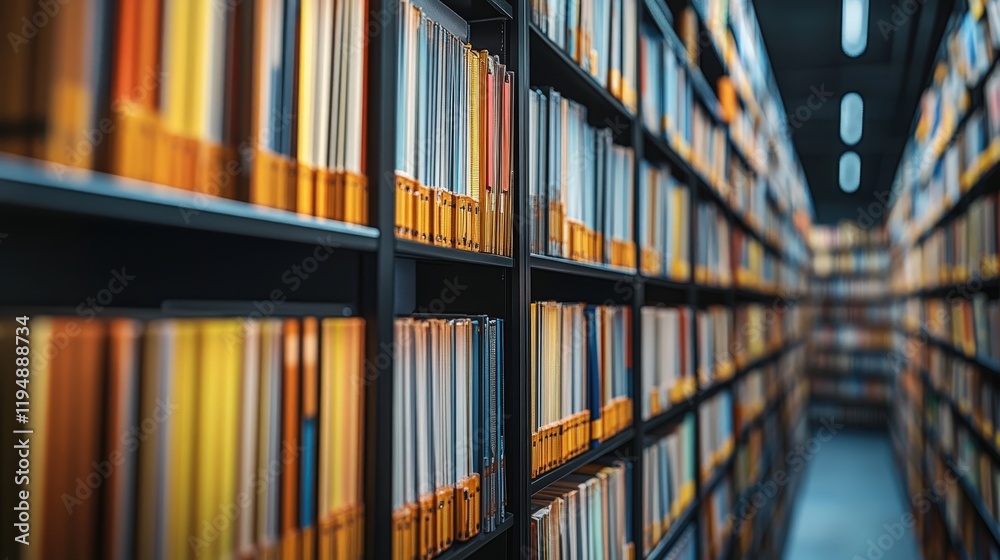 Poster digital archive of organized files in a modern library setting with clear labels and structured stor