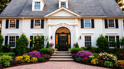 Obraz premium Elegant Classic Suburban House Exterior with Landscaped Garden and Brick Pathway