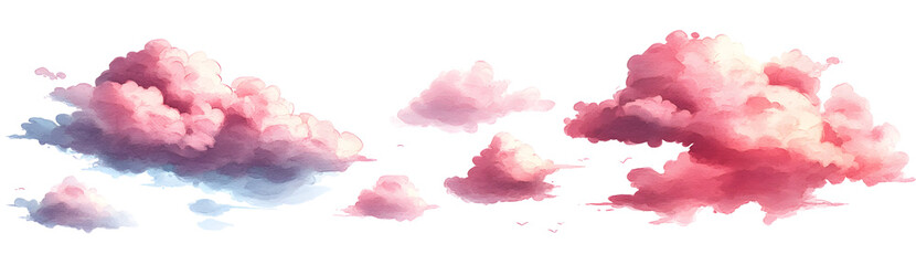 Obraz premium Watercolor Clouds Collection, Pink, Red, and Blue Hues, Isolated on Transparent Background