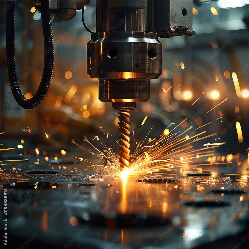 Fototapete a high-performance drilling machine with angled drill bit piercing through a hard material. bright s
