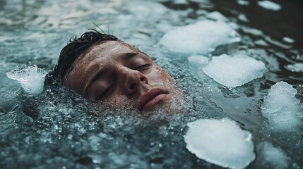A man has fallen through the ice on the lake, only his head is visible, pieces of ice are floating around him.