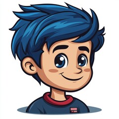 Cartoon Boy with Blue Hair Smiling Happily