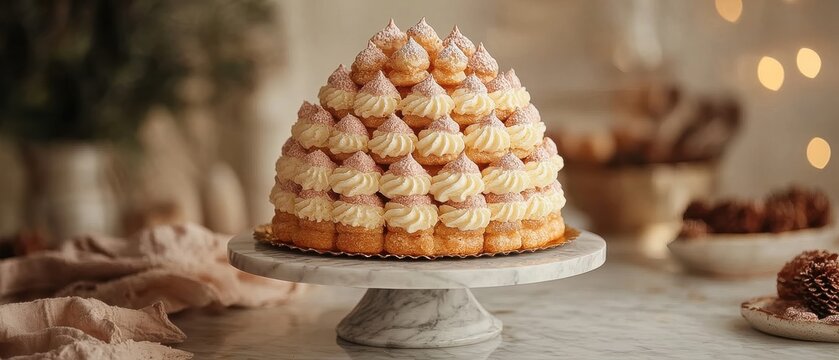 [Honeycomb dessert with cookies and Christmas theme] Handcrafted Honeycomb Dessert on Festive Table Setting with Soft Focus and Decorative Elements