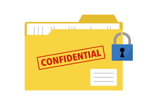 Yellow folder with confidential documents. Top secret data with red stamp. Data protection. Huge padlock on folder vector illustration.