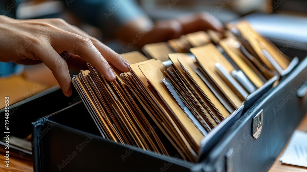 Poster efficient electronic document management system with organized folders and hands sorting through fil
