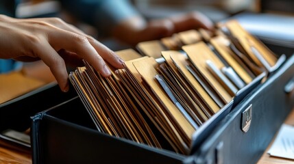 Efficient Electronic Document Management System with Organized Folders and Hands Sorting through Files