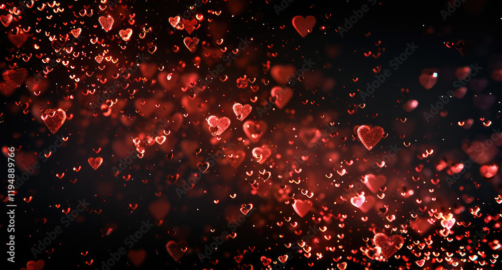 Aufkleber a hearts flying around like a particles on a black solid background.