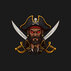 A fierce pirate captain with glowing red eyes is depicted wearing a tricorn hat and wielding crossed swords.