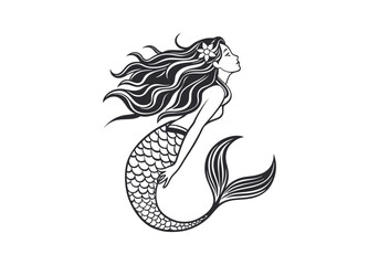 Vintage Mermaid Woodcut Engraving Style Vector Illustration with Intricate Hand-Drawn Details