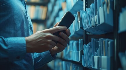 Obraz premium Focused Man Using Smartphone in Archive Room Surrounded by Organized Document Folders, Capturing Modern Technology in Traditional Workspace