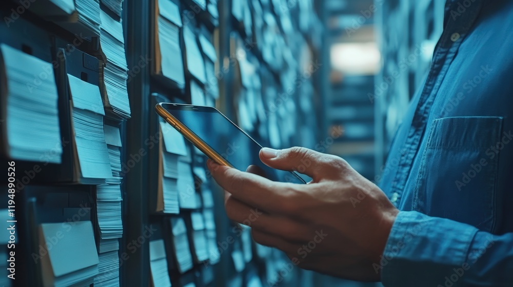 Poster man using smartphone in archive room surrounded by filings and document storage for efficient data m