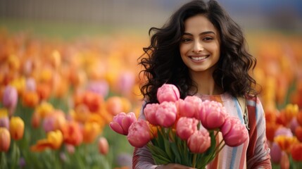 Fototapeta premium Beautiful Indian Woman with curls holds a bouquet of tulipsFictional Character Created By Generative AI