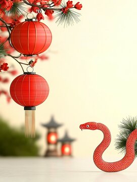 Chines New Year concept. Red lanterns and a decorative snake set against a soft background, evoking festive traditions.