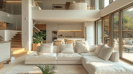 A peaceful and modern white living room on a cloudy outskirts, equipped with clean and comfortable beige plush sofas, plush carpets, wooden coffee tables, open kitchens, white refrigerators.
