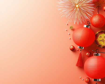 Chines New Year concept. Festive red lanterns and decorations on a peach background for celebration.