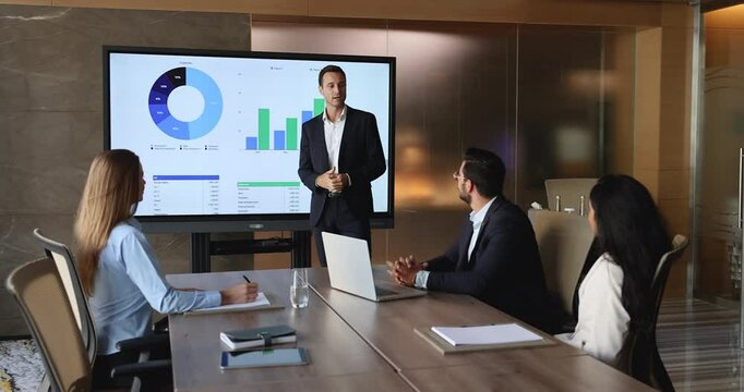 Group of businesspeople sit around table listening speech of boss, engaged in formal business meeting, presentation, or strategy, digital screen displaying detailed charts, and graph behind presenter