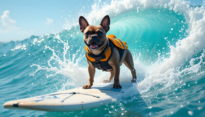 French bulldog wearing an orange life vest expertly rides a surfboard on a large, curling ocean wave under a bright sunny sky, showcasing a blend of athleticism and summer fun