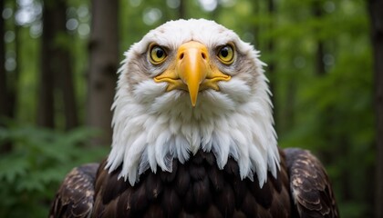 Fototapeta premium Bald eagle close-up portrait showcasing sharp beak and piercing yellow eyes in vibrant forest background