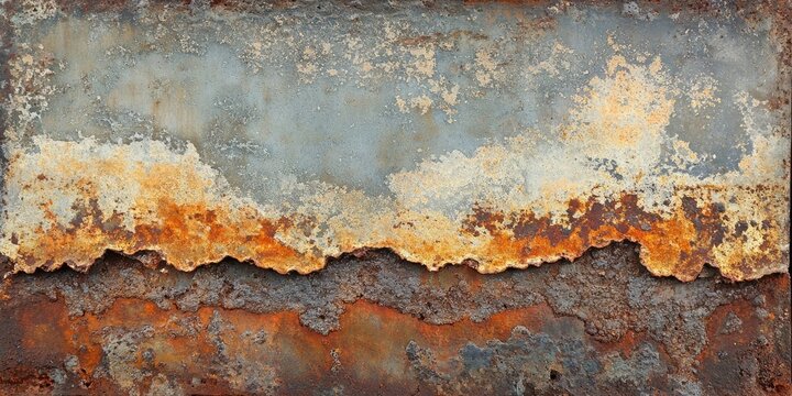 Rusty metal surface with blue and orange hues, showing corrosion patterns and textures, illustrating aged industrial decay and weathered appearance. - Powered by Adobe
