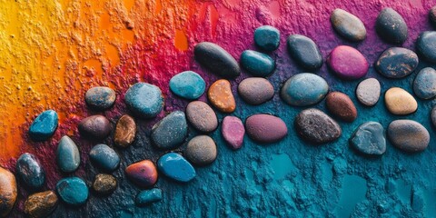 Vibrant abstract background with colorful textured surface featuring a smooth arrangement of small multicolored stones in a dynamic wave pattern