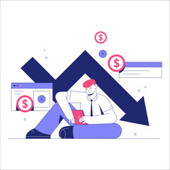 Fototapeta premium Man Sitting Under Downward Arrow Symbolizing Financial Loss, Crisis, And Economic Challenges, Flat Vector Illustration, Isolated On White Background.