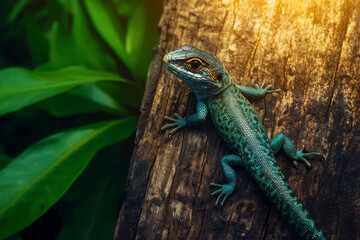 Naklejka premium Vibrant Green Lizard Crawling on Weathered Tree Bark in Lush Jungle Environment