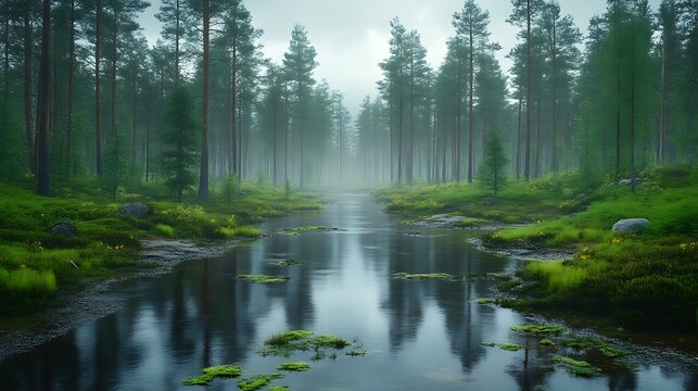 Misty forest stream with reflections.