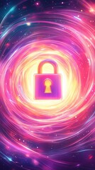 Fototapeta premium Luminous Lock Icon Surrounded by Swirling Data and Colorful Effects