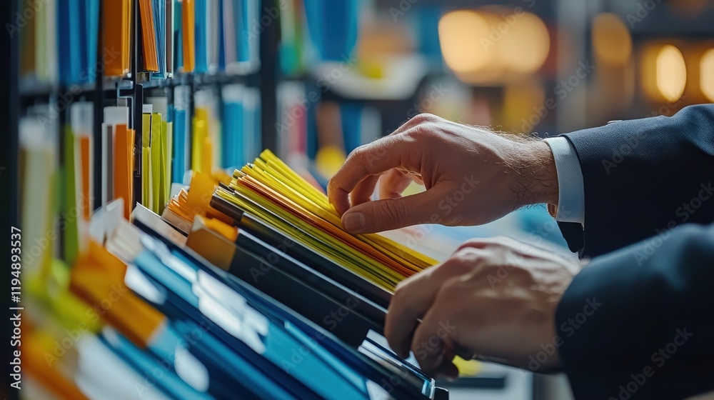 Poster professional hands organizing colorful document folders in an office setting for efficient document 